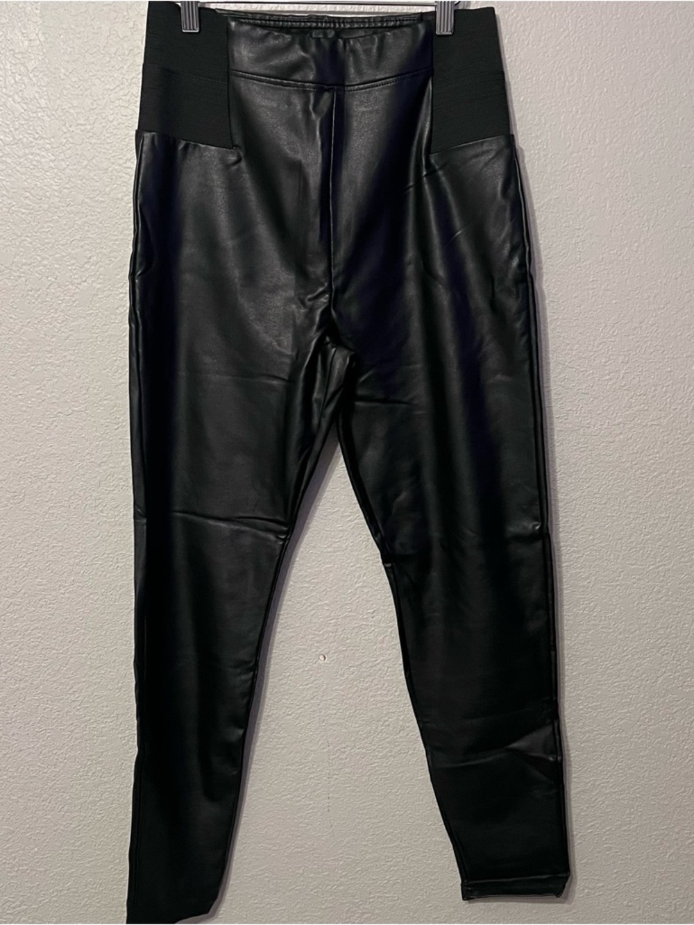 Faux Leather Leggings with Elastic Waist Panels - Black